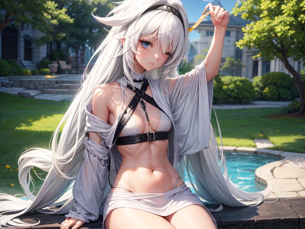 create a female character, white hair, breasts small, thin and blindfolded