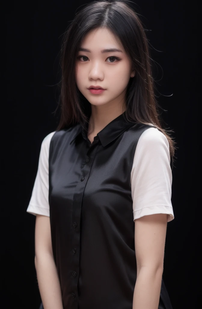 20 years old woman, (photorealistic:1.4, realistic), highly detailed CG unified 8K wallpapers, 1girl, (((thick body:0.8))), looking at viewer, (HQ skin:1.4), 8k uhd, dslr, soft lighting, high quality, film grain, Fujifilm XT3, ((upper body shot:1.2)), (((black silk collared shirt))), ((simple background, black background)),