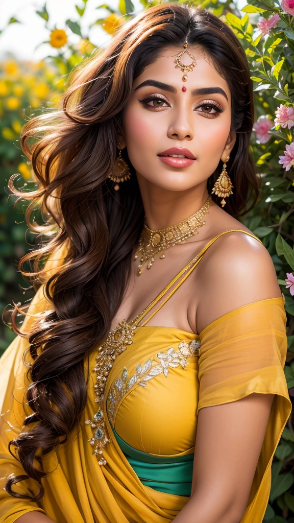 (((HD photo))), ultra high res.photorealistic:. 1.4, UHD, masterpiece, trending on artstation, portrait, 1girl, pretty, cute face, most beautiful in the world, soft, delicate, wavy blonde hair, large huge breasts, a vibrant Indian woman with olive skin and dark hair styled in loose waves. She has striking, almond-shaped eyes with bold eyebrows and intense,. Her lips are painted in a subtle, natural color, A carefree Pakistani woman with a contagious laugh lies amidst a field of brightly colored wildflowers. She wears a whimsical off-the-shoulder dress with floral patterns. The camera (50mm lens, unzoomed) captures her from a low angle, framing her against the vastness of the flower field. The sunlight creates a natural spotlight on her joyful expression