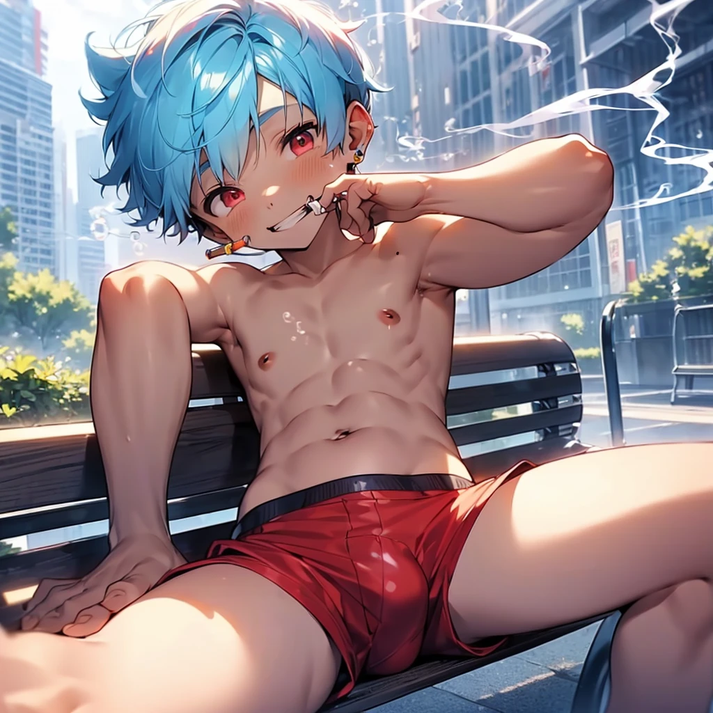 (solo:2), (boldline:-1.8), (smoking:1.6), (((bubble))), (sitting on bench:1.5), (spread legs:1.5), (((fang))), (((best finger))), BREAK (best quality:1.5), (absolutely resolution:1.5), (ultra detailed:1.5), (masterpiece:1.5), (perfect face), (detailed face), (detailed eyes), (best eyes), (cute face), (shota:2), BREAK (topless:1.5), BREAK (red short pants:1.5), (bulge:1.6), (skinny:1.3), (spiked hair), BREAK (light blue hair:1.5), (wine red eyes:1.4), (eyes with highlight:1.6), ((mole under eye)), (sweaty skin), (light skin), (grin:1.5), ((earrings)), (shiny skin:1.3), BREAK (garden), (building:1.5), (at twilight:1.5), ((wind blowing)), ((nipple)), (abs), (groin),