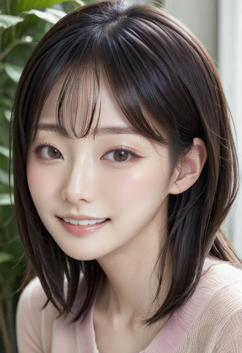 1 jpn-girl, straight long black hair, parted bangs, large almond-shaped brown eyes with double eyelids, slightly upturned outer eye corners, small straight nose with a high bridge, small and well-shaped mouth with thin lips, smooth fair skin, oval-shaped face with high cheekbones, and a gentle, approachable smile. The woman should have a natural makeup look, with well-defined but natural eyebrows, lightly applied pink lipstick, a hint of natural blush, and long curled eyelashes. The face should have balanced proportions, be symmetrical, and give a youthful and clean appearance.