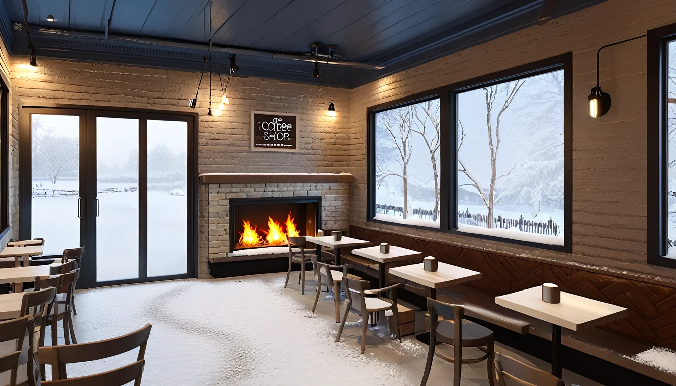 Create an image of a room inside a coffee shop, with a fireplace, and a large window, outside the window a snowy winter atmosphere.