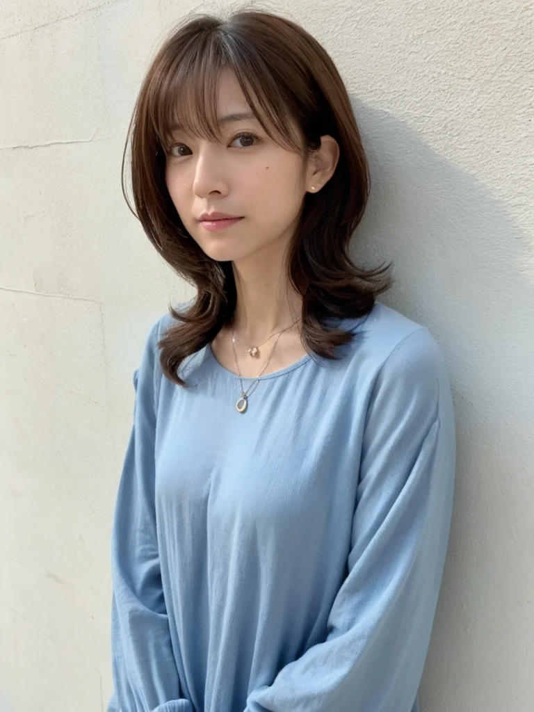(Highly realistic photos, High resolution, Detailed face, Beautiful Eyes), Photographed in front of a white wall、Japanese women, 40 years old, A variety of expressions, alone:1, Slim figure, Short Hair, Casual clothing, 写真にaloneいる、Long sleeve dress、Photographed in natural light、Simple Necklace、Spring Clothes、Don't look at the camera、profile、Dark brown hair color、Japanese House