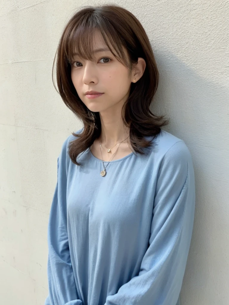 (Highly realistic photos, High resolution, Detailed face, Beautiful Eyes), Photographed in front of a white wall、Japanese women, 40 years old, A variety of expressions, alone:1, Slim figure, Short Hair, Casual clothing, 写真にaloneいる、Long sleeve dress、Photographed in natural light、Simple Necklace、Spring Clothes、Don't look at the camera、profile、Dark brown hair color、Japanese House