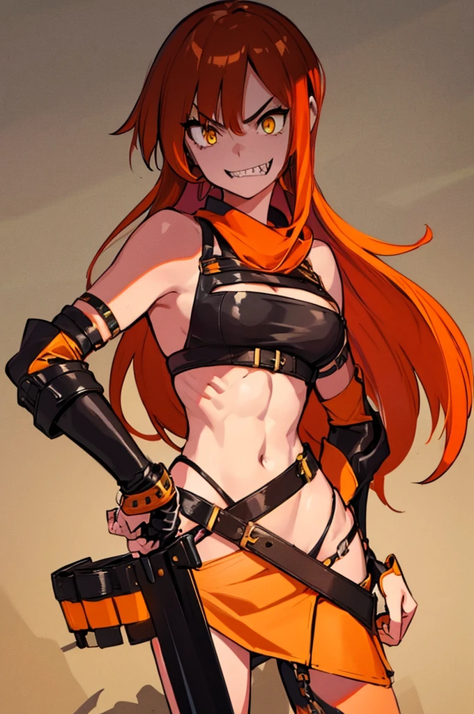 etna, red hair, antenna hair, red eyes, belt, black pants, masterpiece, best quality