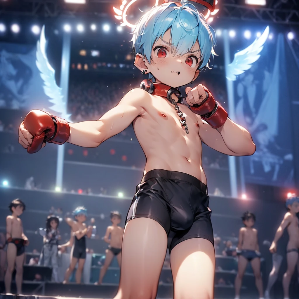 (solo:2), (boldline:-1.7), (brave:1.3), (fighting pose:1.5), (twin angel wings on his back:1.6), (halo on his head:1.3), (standing on stage:1.5), BREAK (red boxing groves:1.8), (((fang))), (((best finger))), (((best arms))), (((best legs))), BREAK (best quality:1.5), (absolutely resolution:1.4), (ultra detailed:1.5), (masterpiece:1.5), (perfect face), (detailed face), (detailed eyes), (best eyes), (cute face), (shota:2), BREAK (topless:2), BREAK (red speedos:1.5), (bulge:1.6), (skinny:1.3), BREAK (light blue hair:1.5), (spiked hair), (wine red eyes:1.4), (eyes with highlight:1.6), ((mole under eye)), (sweaty skin), (singing:1.4), ((earrings)), (angry:1.3), (shiny skin:1.3), BREAK (stadium:1.5), (spot light), ((wind blowing)), ((nipple)), (abs), (groin), BREAK (chain around neck:1.5), (shackles:1.6), from above, upper body, (face close up),
