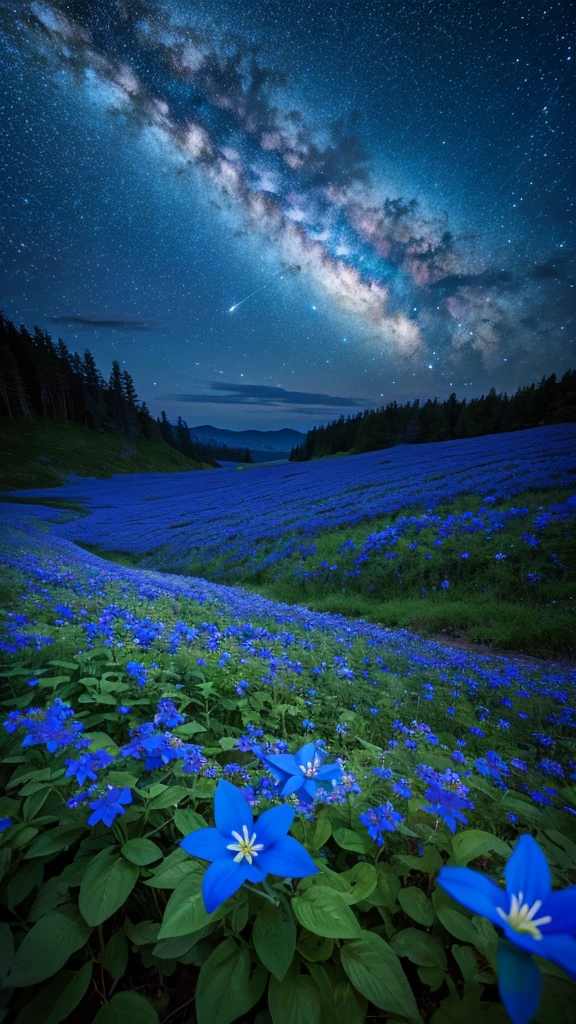 Blue flowers are in full bloom、The Milky Way is visible in the sky、Mysterious Landscape、((8K、Ultra HD、Real、makoto shinkai))、movie、