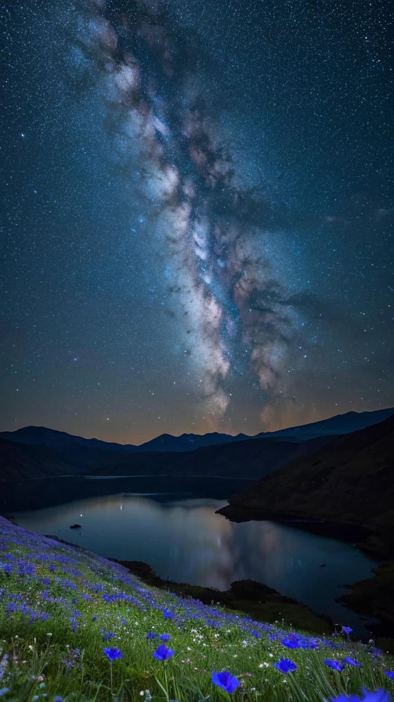 Blue flowers are in full bloom、The Milky Way is visible in the sky、Mysterious Landscape、（（８K、Ultra HD、Real、makoto shinkai））、movie、