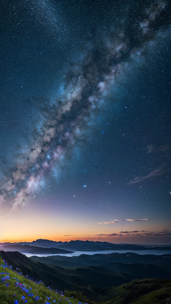 Blue flowers are in full bloom、The Milky Way is visible in the sky、Mysterious Landscape、((8K、Ultra HD、Real、makoto shinkai))、movie、