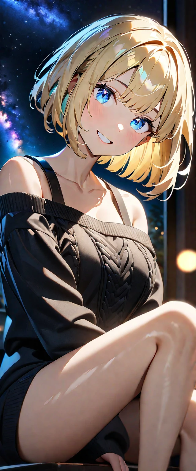 absurderes, ultra-detailliert,bright colour, extremely beautiful detailed anime face and eyes,Indoors, gaze at the audience,(You can see the starry sky from the window:1.2),(Pleasant face:1.4), bow ribbon, window,plant,Chair,Bangs,The table, Clothes, Jacket, Long sleeves, Potted plants, blur, White jacket, Open your clotheashionable bras look a bit:1.3),cups, From the side, feet outside the frame, depth of fields, 25 years old,Short hair, , asymmetrical bangs, Blonde hair with short twin tails, Shiny hair, Delicate beautiful face, red blush、Blue eyes, White skin, hair clips, earrings, a necklace,nighttime scene、night sky full of stars