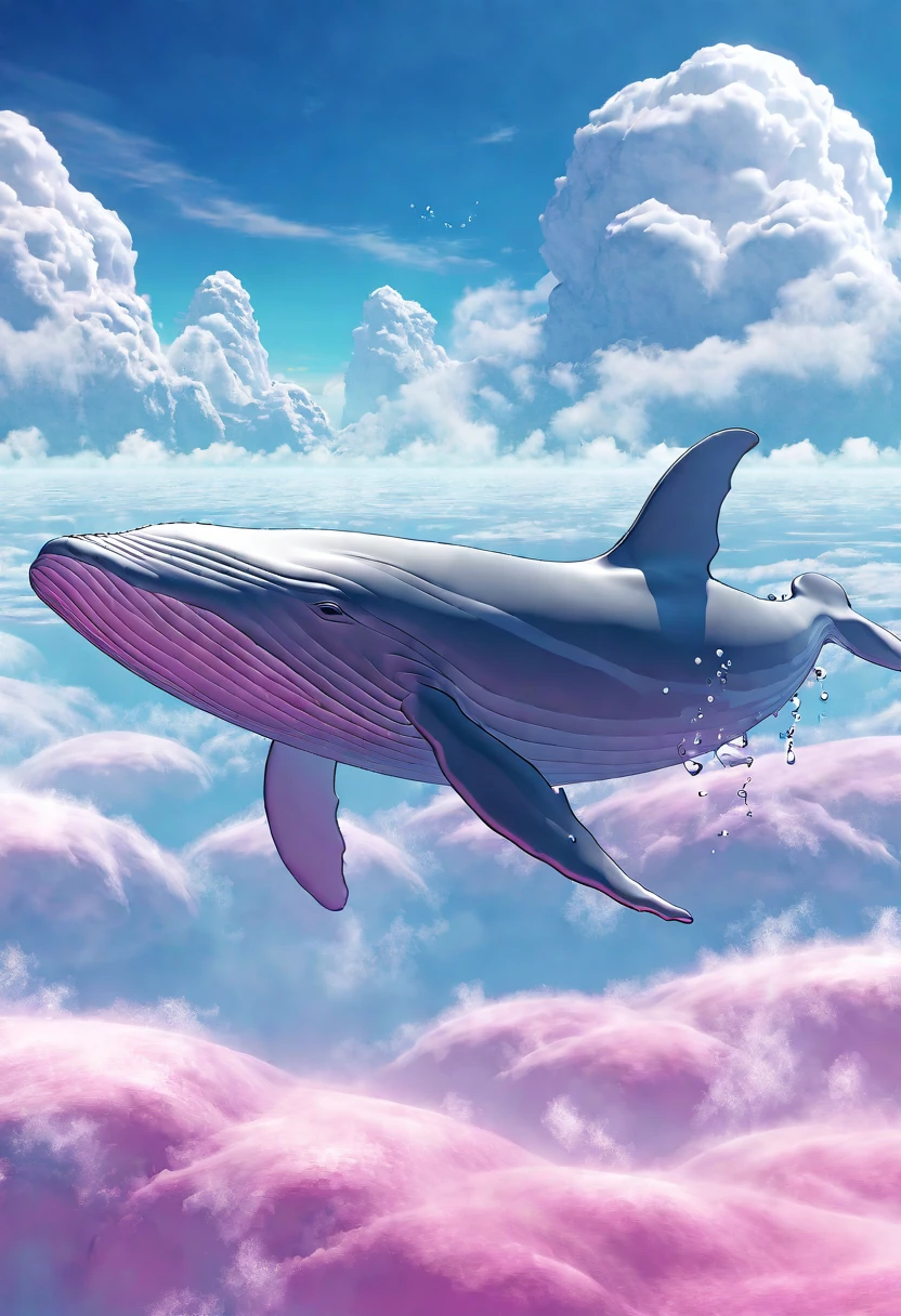 pink whale , Pink majestic whale floating above clouds in desert sky, (best quality,4K,8K,mackerel,masterpiece:1.2),very detailed, ethereal, dreamlike, surreal, with a magic touch, vivid colors, soft and delicate, blending seamlessly into the clouds, With a quiet and calm expression, Surrounded by a mysterious energy, softly shining, sunlight reflection, Create a breathtaking scene.