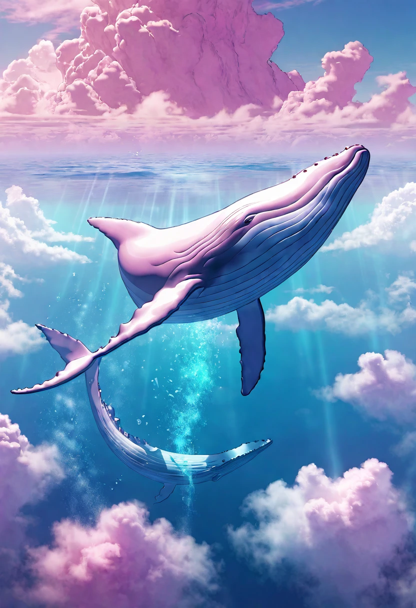 pink whale , Pink majestic whale floating above clouds in desert sky, (best quality,4K,8K,mackerel,masterpiece:1.2),very detailed, ethereal, dreamlike, surreal, with a magic touch, vivid colors, soft and delicate, blending seamlessly into the clouds, With a quiet and calm expression, Surrounded by a mysterious energy, softly shining, sunlight reflection, Create a breathtaking scene.