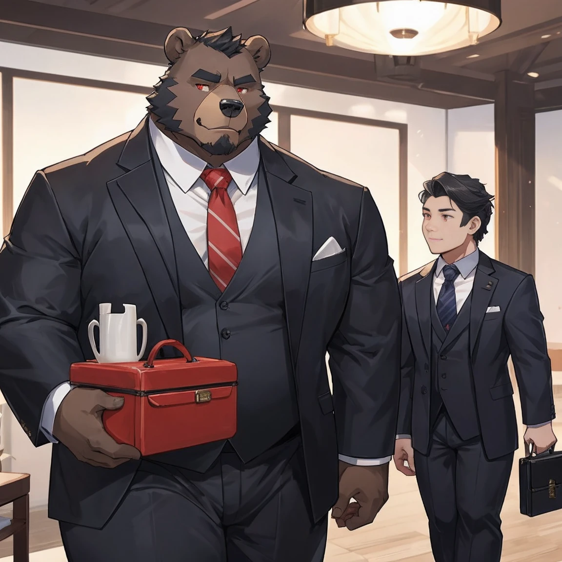 黑Bear兽人,entrepreneur,Appearance of the listed group boss(Including appearance and figure):Bear,height 188cm,Weight 160 kg,Thick black hair,Red eyes,Strong physique,Small belly,fat,Full of male hormones。He usually wears a suit and tie.,Wearing a tie,Carrying a briefcase,Showing a kind of upper-class human dress。But deep down,He likes to keep his orcish nature.,Enjoy the original and instinctive。