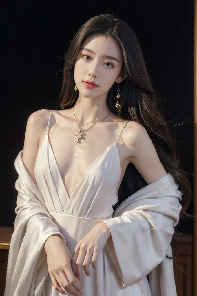 (((best quality))),(((ultra detailed))),(((masterpiece))),illustration,((A beautiful female astrologer,solo)),((slim,thin)),((small breasts,flat chest)),((shoulder length straight hair)),(earrings,necklace),(sparkled sheer robe:1.3),standing beneath a magical summer night, stars twinkling in the velvety darkness,starry sky, sapphire eyes filled with wonder, flowing ethereal gown mimicking the stars, silver pendant shaped like a horoscope,serene smile and captivating gaze, celestial beauty and mystery, solace and inspiration in the vast expanse of the universe,((from front,upper body))