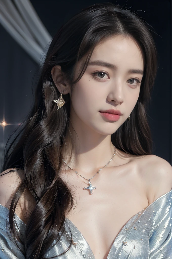 (((best quality))),(((ultra detailed))),(((masterpiece))),illustration,((A beautiful female astrologer,solo)),((slim,thin)),((small breasts,flat chest)),((shoulder length straight bob hair)),(laughing:1.2),(earrings,necklace),(strapless sparkled sheer bra:1.3),standing beneath a magical summer night, stars twinkling in the velvety darkness,starry sky, sapphire eyes filled with wonder, flowing ethereal gown mimicking the stars, silver pendant shaped like a horoscope,serene smile and captivating gaze, celestial beauty and mystery, solace and inspiration in the vast expanse of the universe,((from front,close-up of face))