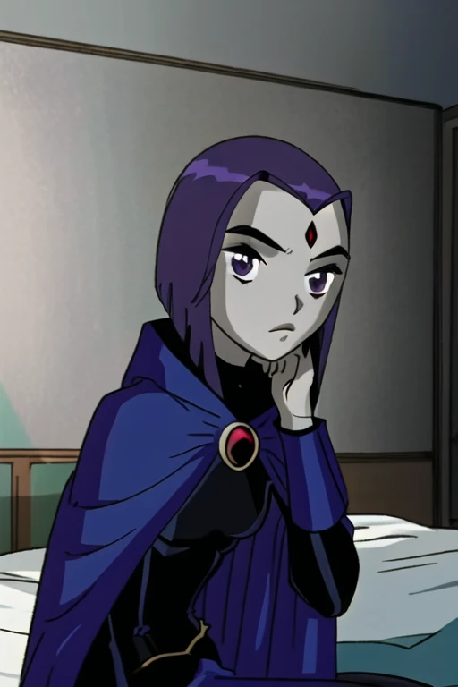 raven, 1girl, solo, purple eyes, purple hair, short hair, colored skin, forehead jewel, blue cape, blue cloak, best quality, masterpiece, bedroom, sitting,