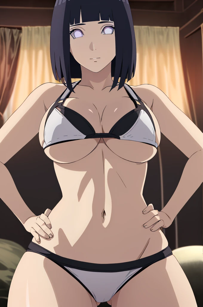 masterpiece, (intricate details), (colorful),cinematic lighting,extremely detailed CG unity 8k wallpaper ,hinata\(boruto\), 1girl,solo, large breasts, (hinata, hyuuga hinata, purple eyes, blunt bangs, black hair) big breasts, perfect breasts, large breasts, round breasts, sexy body, slim waist, nice hips, skinny, nice thighs, thick thighs, black bra, cleavage, bare shoulders, collarbone, underboob, slim waist, white bikini, bikini, swimsuit, small bikini, plain background, close up shot, portrait, white backdrop, perfect eyes, glowing eyes, beautiful eyes, black background, simple background, no background , body shot, hands on hip