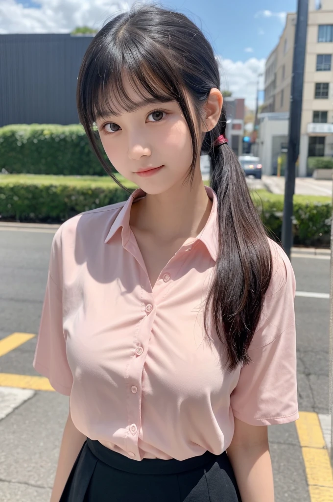 Light pink blouse,Flared mini skirt,15 years old,high school girl,Black Hair,bangs,Straight Hair,ponytail,Dark Eyes,Small Face,Young face,Clean eyes,Small Mouth,slender,Young face,,A Cup,In town,live-action,Realistic photos,8K,Happy face,Ultra HD,Standing posture,whole body,Pure girl,Flat chest,Flat chest,