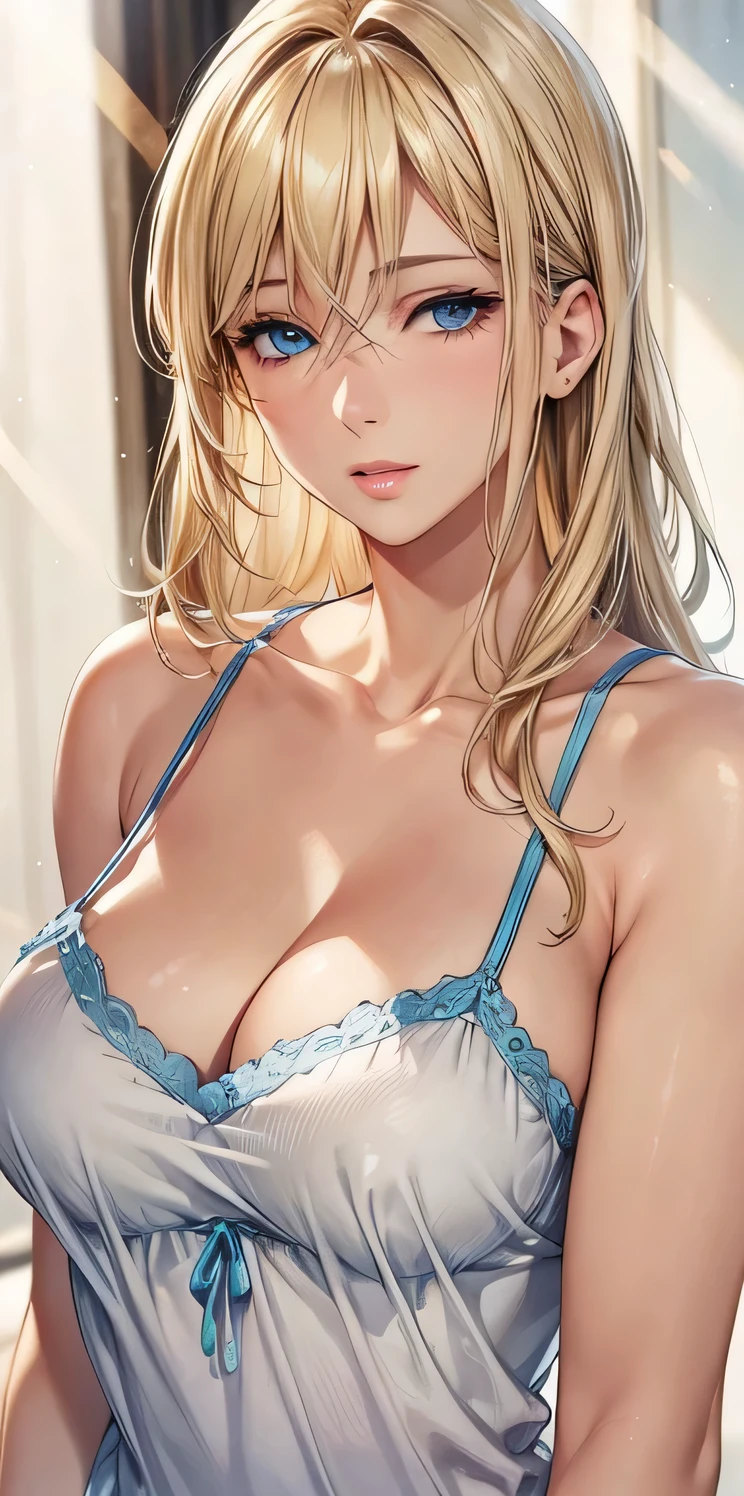 portrait, realistic, blue eyes, blonde hair, big breast, 4k resolution, high quality cg, beautiful cg, soft light, picture until her knees, gorgeous body, perfect curves, perfect breast