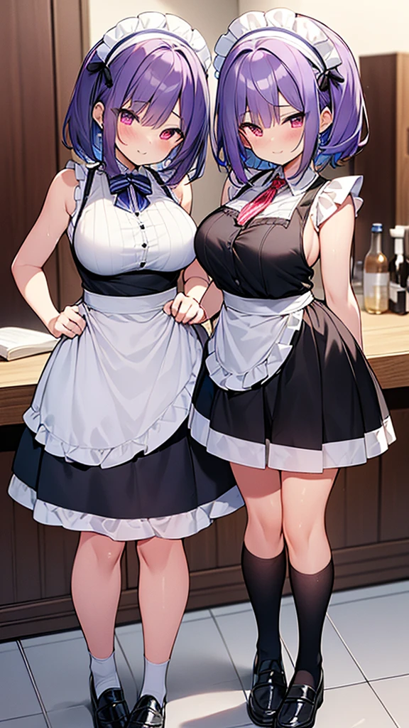 最high quality, high quality, Super detailed, 32k, Ultra-detailed details, waitress(only, Standing, pretty girl, beautiful purple hair, short hair, Beautiful RED eyes, mature, Big Breasts, A light smile, Off-the-shoulder sleeveless Summer メイド服, Summer casual maid clothes, Short skirt, Blue and white color striped underwear, Black knee socks, loafers, My crotch is wet with love juice, 18-year-old,cute), {{A succubus disguised as a waitress lures a young girl into the bathroom, strips off the young girl&#39;s face and uses it as her own, while the waitress succubus is seen convulsing with her face stripped off.}}, She has transformed from a shy maid into a lewd one., A maid with her sister&#39;s face stuck on her face is vigorously pistoning her body, A maid who moves her body vigorously without caring if her breasts bounce, Super detailed, toilet, Full body image, ((Head to Toe:1.3)), NSFW