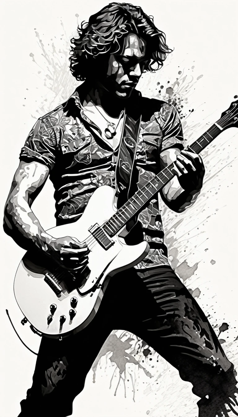 Monochrome image style combining silhouettes, Shadow and ink painting, Edward Van Halen, Portrait of a man playing guitar, Highest quality, Super quality, Very detailed, delicate and dynamic