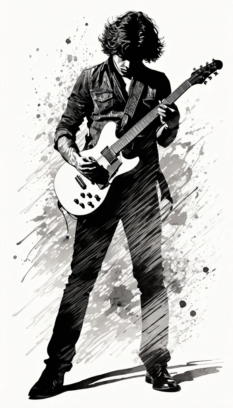 Monochrome image style combining silhouettes, Shadow and ink painting, Edward Van Halen, Portrait of a man playing guitar, Highest quality, Super quality, Very detailed, delicate and dynamic
