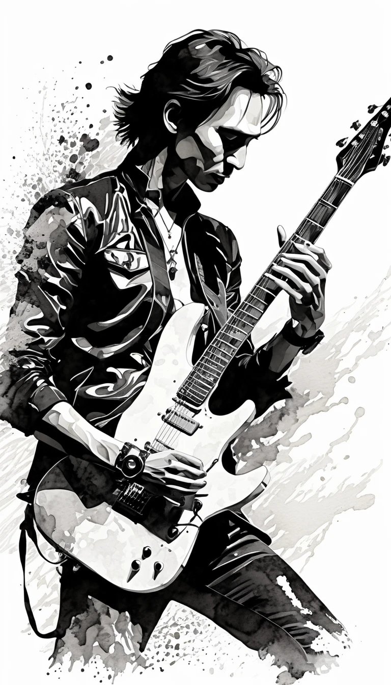 Monochrome image style combining silhouettes, Shadow and ink painting, Steve Vai, Portrait of a man playing guitar, Highest quality, Super quality, Very detailed, delicate and dynamic