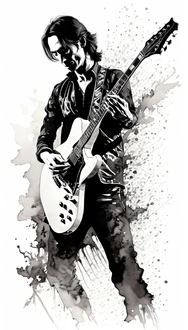 Monochrome image style combining silhouettes, Shadow and ink painting, Steve Vai, Portrait of a man playing guitar, Highest quality, Super quality, Very detailed, delicate and dynamic