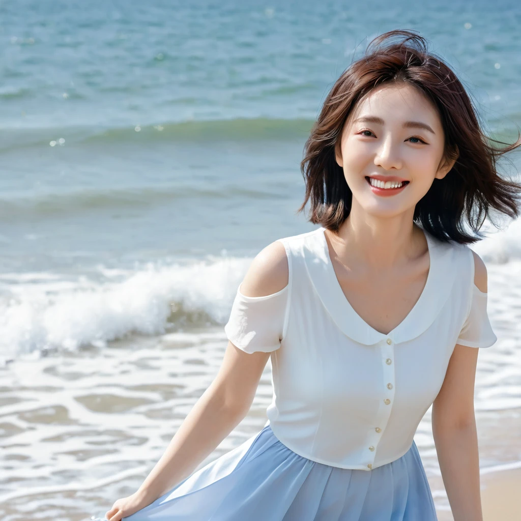 blue,Beach with white waves, Clear picture quality, Beautiful 36-year-old short Korean woman, Chest size 34 inches, Wear white short sleeves and sleeveless tops, lightweight mid length skirt. beautiful pretty woman look , wearing a light skirt , Go far and dip your toes in the waves. Short medium hair blowing in the wind, 1 woman, beautiful eyes, Smiling, Full-body photo taken from afar with a wide-angle lens, The background is clean and perfect., the waves are coming, short woman