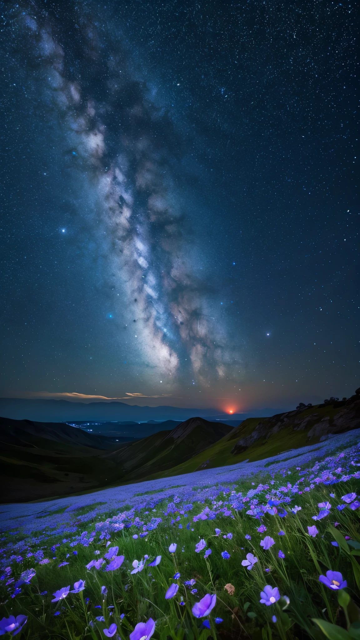 Blue flowers are in full bloom、The Milky Way is visible in the sky、Mysterious Landscape、((8K、Ultra HD、Real、makoto shinkai))、movie、