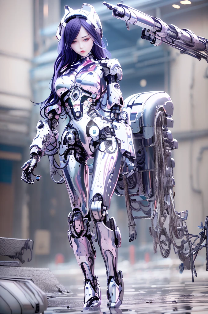 female robot, skin part is only face, silver metal skin, full metal robot body, mechanical parts, electronic wire, cum in pussy, high quality, medium breasts, long hair, tall, thigh gap, full body metal skin, wet, cum in pussy, metallic tits, big separated breast, under repair, robot ears