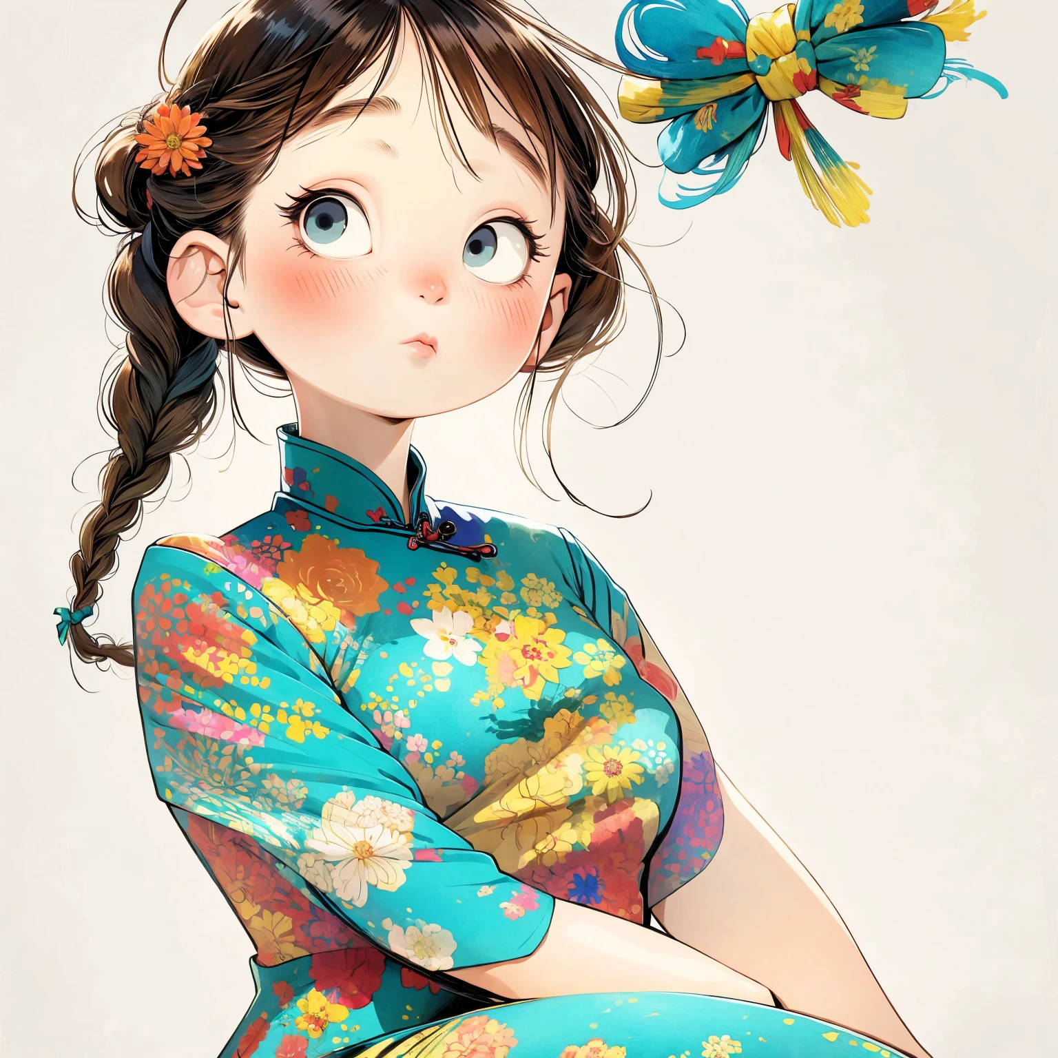 (masterpiece, best quality:1.2), watercolor,cartoonish character design。1 girl, Solitary,big eyes,Cute expression,Two braids,cheongsam,portrait,interesting,interesting,Clear lines,Leave blank,