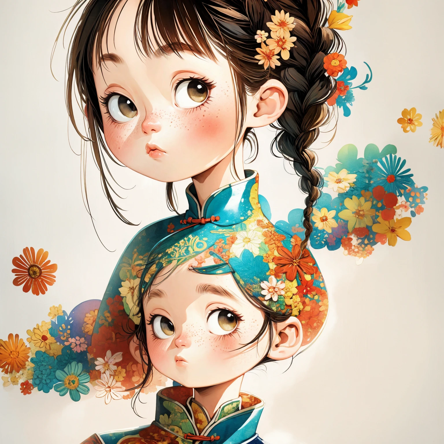 (masterpiece, best quality:1.2), watercolor,cartoonish character design。1 girl, Solitary,big eyes,Cute expression,Two braids,cheongsam,portrait,interesting,interesting,Clear lines,Leave blank,