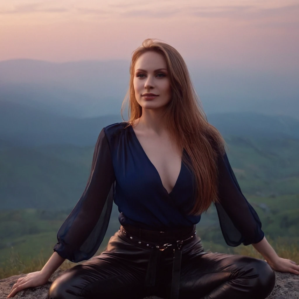 beautiful evil slavic woman, pale skin, long dark blond hair, muscular, Sitting on a hill, She wears a black silk blouse and leather pants, mountains, The fog is creeping,Low clouds lie in the valley, Indigo, sunset, Photo, smile, whole body, Sharp Focus, dynamic pose, helios 44-2, swirling bokeh, Sharp Focus, complex parts, high detail, sharpness, character portrait, perfect lighting, masterpiece, Detailed backstory, Cinematic lighting, 8 k