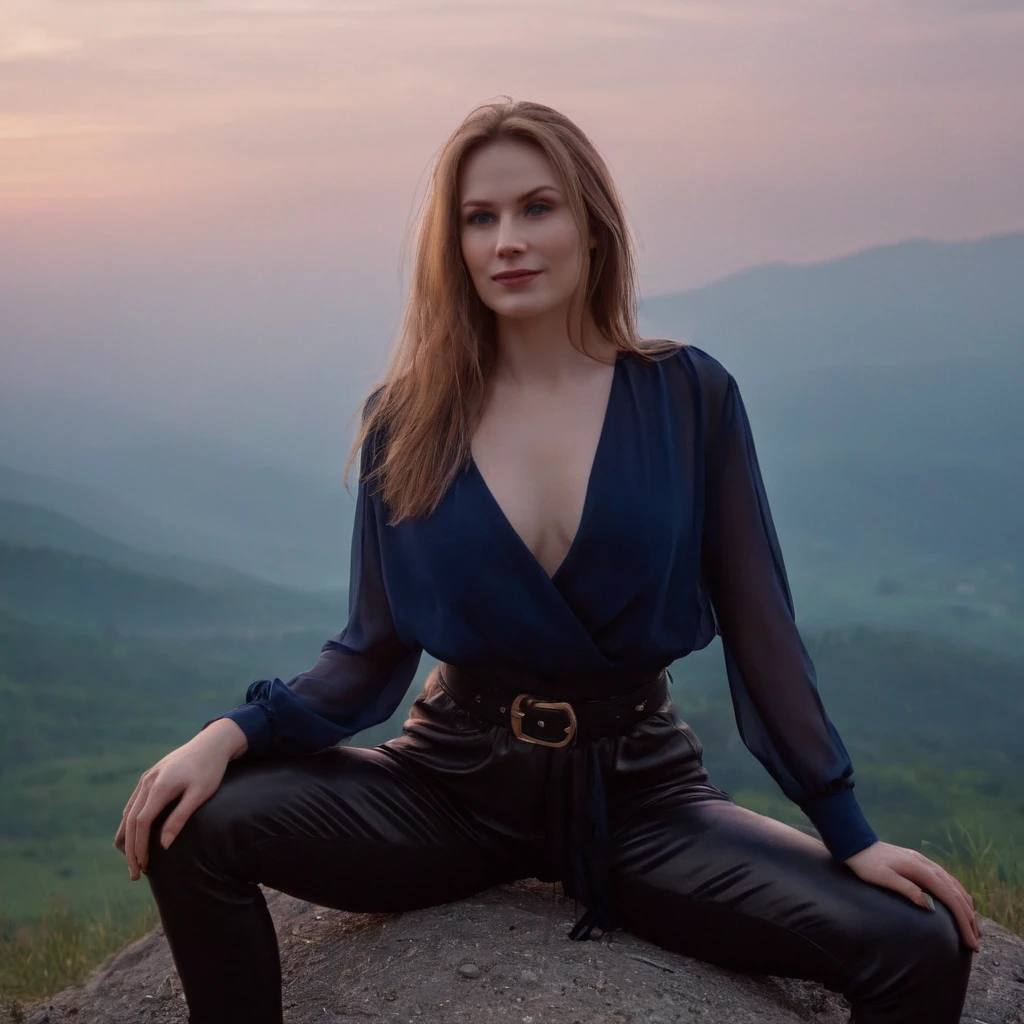 beautiful evil slavic woman, pale skin, long dark blond hair, muscular, Sitting on a hill, She wears a black silk blouse and leather pants, mountains, The fog is creeping,Low clouds lie in the valley, Indigo, sunset, Photo, smile, whole body, Sharp Focus, dynamic pose, helios 44-2, swirling bokeh, Sharp Focus, complex parts, high detail, sharpness, character portrait, perfect lighting, masterpiece, Detailed backstory, Cinematic lighting, 8 k