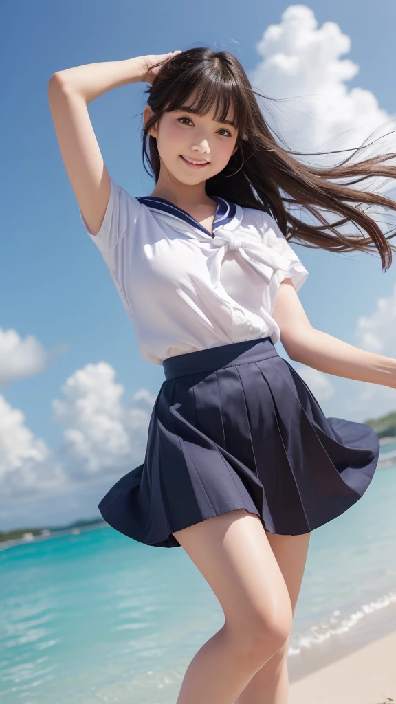 1girl,(((Okinawa ocean)))、(((White sand beaches in Okinawa)))、(((Just join your hands and pray)))、(((Mysterious look)))、8k UHD、Digital single-lens reflex camera、High resolution、Shallow depth of field、Natural light、(((オフショルダーで腕を上げて美しい脇の下をみせてくれる)))、(((Sailor suit)))、(((navy blue super mini skirt)))、(((A sparkling, charming smile)))、(((Full body photography)) )、Small person、(((Young face)))、1 Japanese female、;beautiful girl、(Black Hair)、A strong wind blows up my skirt、(((Brown eyes)))、Glowing Skin、Smooth Thinning Hair、Long Hair、Detailed background、Detailed eyes and face、Clear Eyes、Cute smile、Calm atmosphere、(((stage)))、(((Small breasts)))、(((Beautiful Eyes)))、Flat chest、Children、(((Toned thighs))) 、(((Angle from below) ))、(((Fine lips)))、(((Skirt fluttering)))、Shining beautiful legs、( Skirt fluttering violently in the strong wind :1.4), (hair blowing in the strong wind:1.4), (leaning forward)、barefoot、barefoot、((((A skirt flipped up by a strong wind))))、とてもつるつるした美しい脇の下