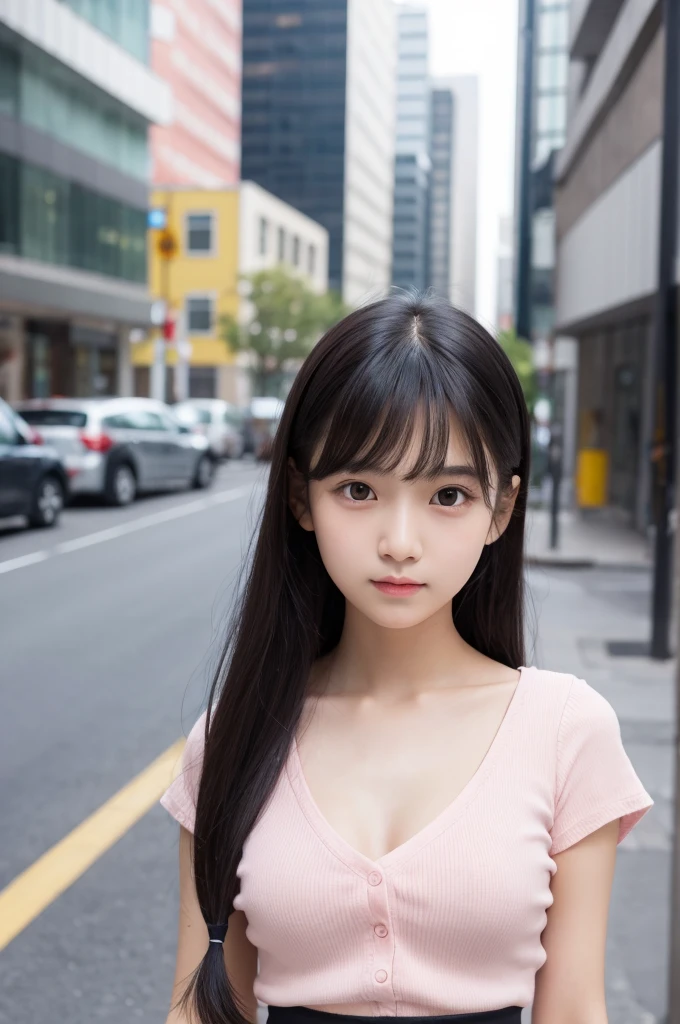 Light pink blouse,Flared mini skirt,15 years old,high school girl,Black Hair,bangs,Straight Hair,ponytail,Dark Eyes,Small Face,Young face,Clean eyes,Small Mouth,slender,Young face,,A Cup,In town,live-action,Realistic photos,8K,Happy face,Ultra HD,Standing posture,whole body,Pure girl,Flat chest,Flat chest,Flat chest,Flat chest,Flat chest,