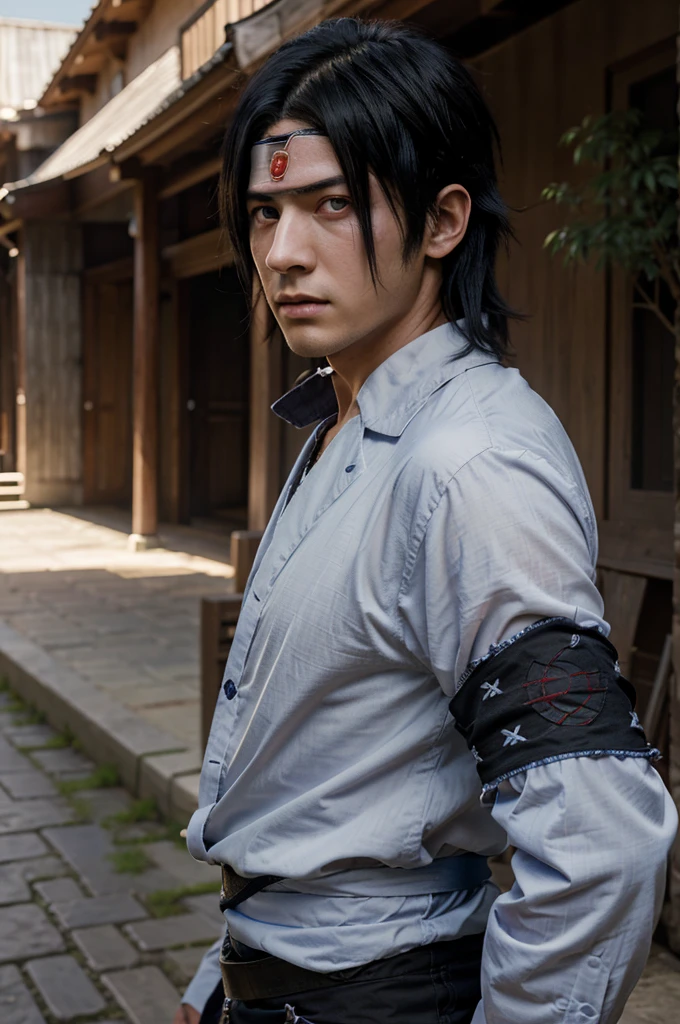 (Masterpiece), Sasuke uchiha (Best Quality), extra high resolution, Professional Artwork, Ultra Detailed, Complex, Detailed Face, perfect  lighting, 1 male, black hair, (red eyes, Glowing Sharingan eyes), , En plein air, (cowboy lens, Long shot), serious expression, (Detail of wrinkles on the face: 0.5)