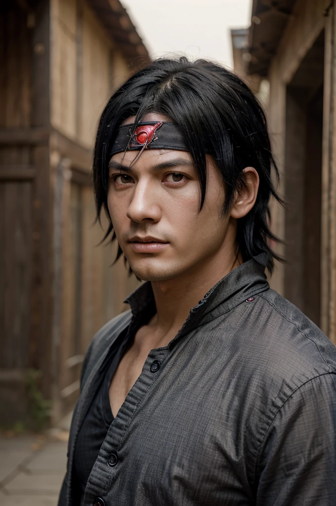 (Masterpiece), Sasuke uchiha (Best Quality), extra high resolution, Professional Artwork, Ultra Detailed, Complex, Detailed Face, perfect lighting, 1 male, black hair, (red eyes, Glowing Sharingan eyes), , En plein air, (cowboy lens, Long shot), serious expression, (Detail of wrinkles on the face: 0.5)