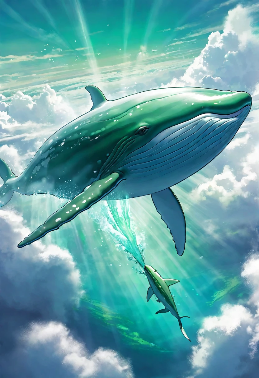 green whale , Green majestic whale floating above clouds in desert sky, (best quality,4K,8K,mackerel,masterpiece:1.2),very detailed, ethereal, dreamlike, surreal, with a magic touch, vivid colors, soft and delicate, blending seamlessly into the clouds, With a quiet and calm expression, Surrounded by a mysterious energy, softly shining, sunlight reflection, Create a breathtaking scene.