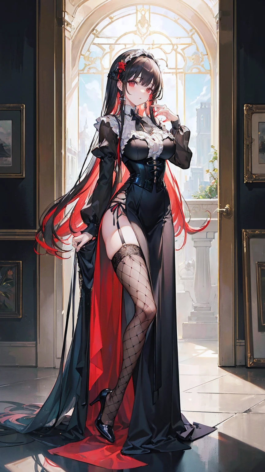 (masterpiece, top quality, best quality, official art, beautiful and aesthetic:1.2), (, best quality, masterpiece:1.2), very long hair, full body, (large breasts:1.2), very long hair, fishnet thighhighs, high heels, (long dress:1.4), corset, garter belts, red hair, tall girl, 17 aged girl