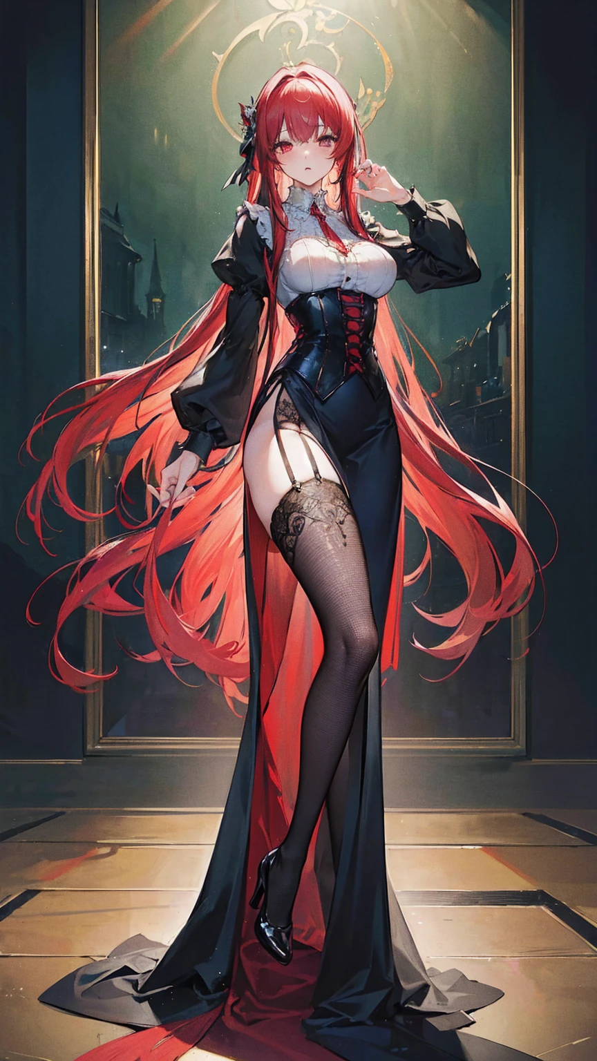 (masterpiece, top quality, best quality, official art, beautiful and aesthetic:1.2), (, best quality, masterpiece:1.2), very long hair, full body, (large breasts:1.2), very long hair, fishnet thighhighs, high heels, (long dress:1.4), corset, garter belts, red hair, tall girl, 17 aged girl