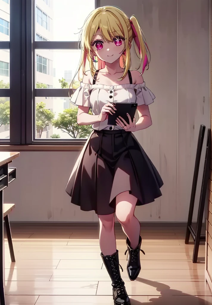 rubyhoshino, Hoshino Ruby, Long Hair, bangs, Blonde, (Pink Eyes:1.3), (Symbol-shaped pupil:1.5), Multicolored Hair, Two-tone hair, happy smile, smile, Close your mouth,
break, Cold Shoulder Shirt,Short sleeve,Long skirt,Black pantyhose,short boots,There is a computer on the table,Walking,interior,whole bodyがイラストに入るように,Daytime,Clear skies,
break indoors, office,
break looking at viewer, whole body,
break (masterpiece:1.2), Highest quality, High resolution, unity 8k wallpaper, (figure:0.8), (Beautiful attention to detail:1.6), Highly detailed face, Perfect lighting, Highly detailed CG, (Perfect hands, Perfect Anatomy),