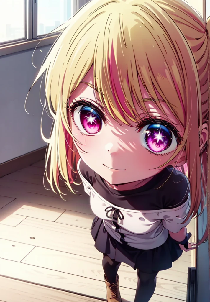 rubyhoshino, Hoshino Ruby, Long Hair, bangs, Blonde, (Pink Eyes:1.3), (Symbol-shaped pupil:1.5), Multicolored Hair, Two-tone hair, happy smile, smile, Close your mouth,
break, Cold Shoulder Shirt,Short sleeve,Long skirt,Black pantyhose,short boots,There is a computer on the table,Walking,interior,whole bodyがイラストに入るように,Daytime,Clear skies,
break indoors, office,
break looking at viewer, whole body,
break (masterpiece:1.2), Highest quality, High resolution, unity 8k wallpaper, (figure:0.8), (Beautiful attention to detail:1.6), Highly detailed face, Perfect lighting, Highly detailed CG, (Perfect hands, Perfect Anatomy),