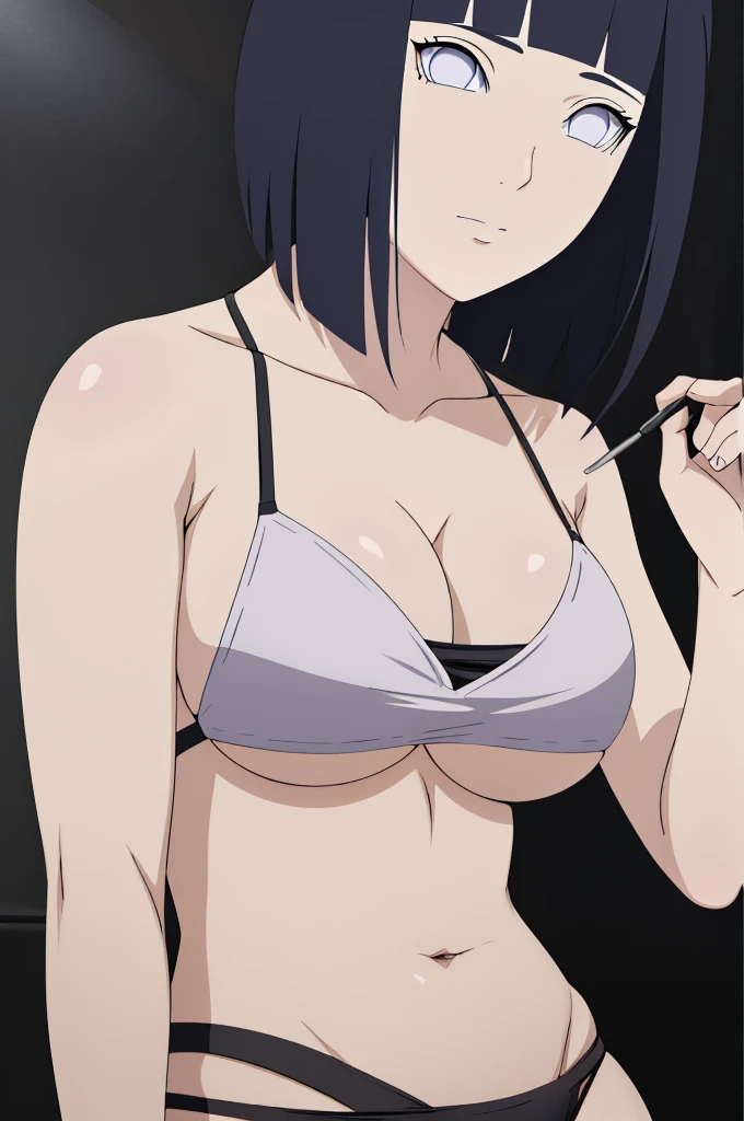 masterpiece, (intricate details), (colorful),cinematic lighting,extremely detailed CG unity 8k wallpaper ,hinata\(boruto\), 1girl,solo, large breasts, (hinata, hyuuga hinata, purple eyes, blunt bangs, black hair) big breasts, perfect breasts, large breasts, round breasts, sexy body, slim waist, nice hips, skinny, nice thighs, thick thighs, black bra, cleavage, bare shoulders, collarbone, underboob, slim waist, white bikini, bikini, swimsuit, small bikini, plain background, close up shot, portrait, upper body shot, white backdrop, perfect eyes, glowing eyes, beautiful eyes, black background, simple background, no background ,