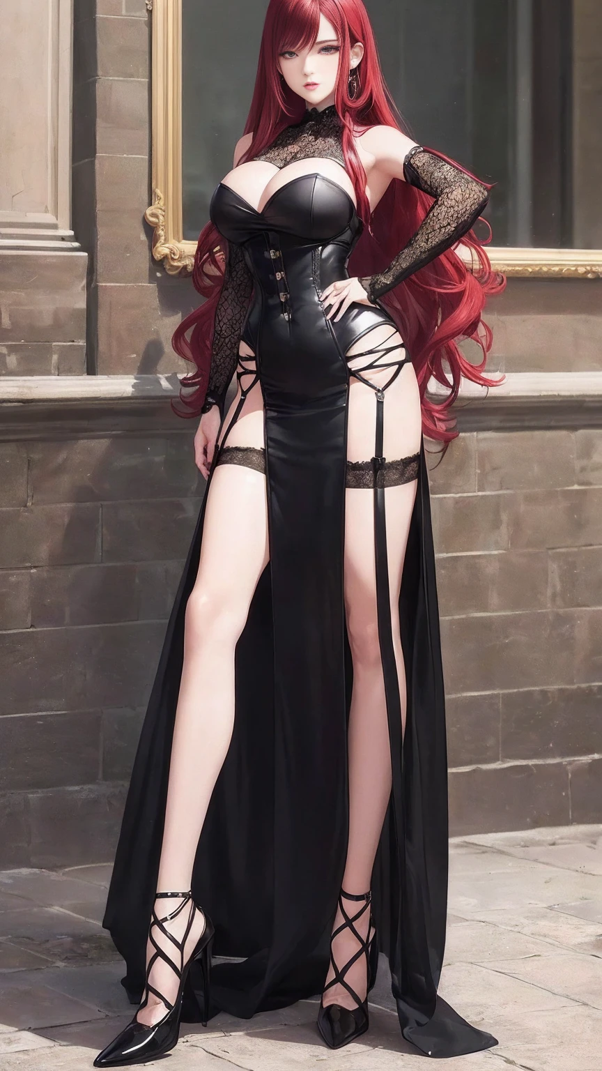 (masterpiece, top quality, best quality, official art, beautiful and aesthetic:1.2), (, best quality, masterpiece:1.2), very long hair, full body, (large breasts:1.2), very long hair, fishnet thighhighs, high heels, (long dress:1.4), corset, garter belts, red hair, tall girl, 17 aged girl