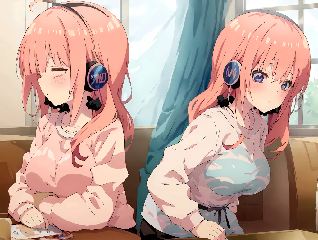 Anime girl wearing headphones and looking out the window at the city, Large room with big windows, light pink long hair, Lo-fi Girl, Kaisei and Artgelm, Anime atmosphere, Lofi Artstyle, Anime Style 4k, Anime Aesthetics, Lo-fi feeling, Lofi Art, anime art wallpaper 4k, An atmosphere of praise, Emotional cityscape