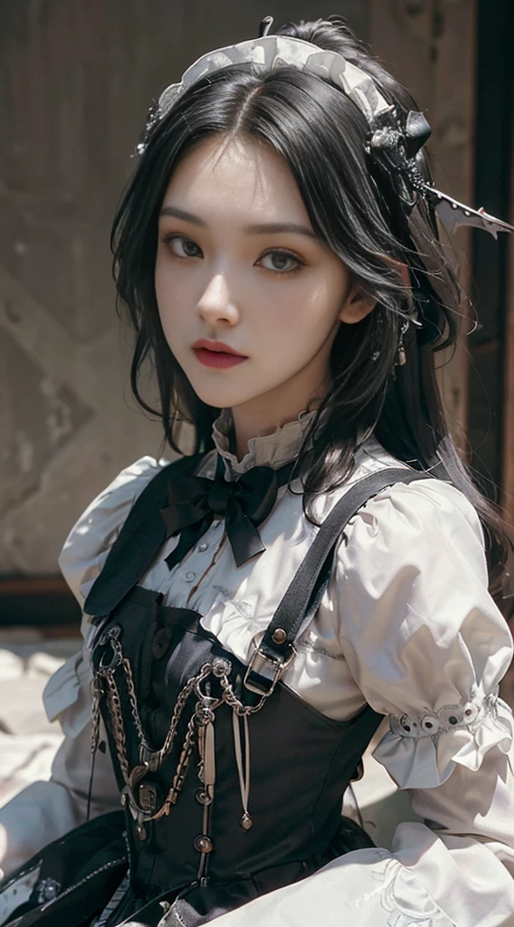 (((Masterpiece, top quality, super detailed))), (((( very detailed face))), small thin nose, small thin lip mouth, (((very sharp focused eyes))), very large slit precise pale gray eyes shining like jewels. Very long eyelashes, long black hair with black vertical curls, thick bangs, vertically curled princess cut, (((very decorative gothic ta fashion meets overdecorated steampunk fashion))), very dramatic and cinematic lighting, (((overall accuracy has improved dramatically, creating a super detailed and realistic and realistic images))), proved dramatically, creating a super detailed and realistic image ))), HDR (High Dynamic Range), Ray Tracing, NVIDIA RTX, Super Resolution, Unreal 5, Subsurface Scattering, PBR Texturing, Post-Processing, Anisotropic Filtering, Depth of Field, Maximum Clarity and Sharpness, Multilayer Textures, Albedo and Specular Maps, Surface Shading, Accurate Simulation Light Material Interaction, Perfect Proportions, Octane Rendering, Two-Tone Lighting, Wide Aperture, Low ISO, White Balance, Rule of Thirds, 16K RAW,