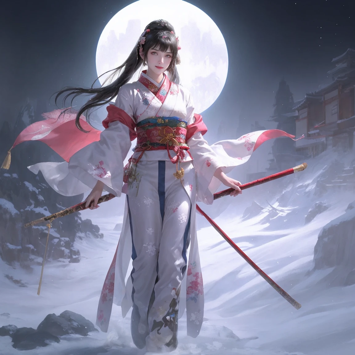 A woman in a kimono stands in the snow, The sharp gaze of the Yuki-onna, Inspired by Shinsui Ito, Winter Goddess, Beautiful digital art, Japanese Goddess, Beautiful avatar photos, Gweiz-style artwork, Inspired by Li Mei-shu, Inspired by Ai Xuan, Anime style digital art