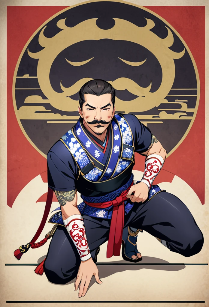 Japanese man with mustache，Kneel down，Daimyo，a man with mustache shogunate ，loyalty，obey，sacrifice，a man with mustache dedication，1man warrior with mustache
